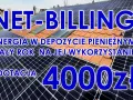 Panele fotowoltaiczne na dachu. Napis NET-BILLING, informacja o energii w depozycie pieniężnym i dotacji 4000 zł.