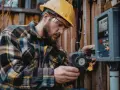 Technik w kasku i okularach ochronnych, z narzędziem en50549-pl, pracuje przy panelu sterowania na drewnianej ścianie.