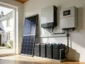 System magazynowania energii z panelem n type, trzema akumulatorami i dwoma inwerterami.