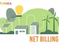 Grafika pokazuje panele słoneczne, turbiny wiatrowe i żarówkę, symbolizujące odnawialne źródła energii. Podpis "NET BILLING" sugeruje analizę opłacalności tego systemu.