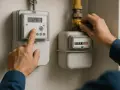Ręka naciska przycisk licznika energii elektrycznej, obok licznik gazu. Sprawdzanie zużycia zgodnie z taryfą w3.6.