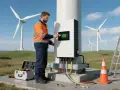 Technik reguluje falownik hybrydowy 8 kW przy turbinie wiatrowej. Narzędzia i drabina w pobliżu.