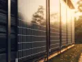 Nowoczesny płot z paneli fotowoltaicznych odbija ciepłe światło zachodzącego słońca, tworząc zieloną energię.