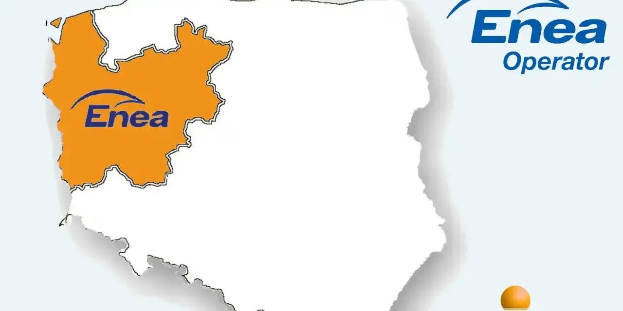 Mapa Polski z zaznaczonym obszarem działania Enea Operator. Informacja o opłacie mocowej.