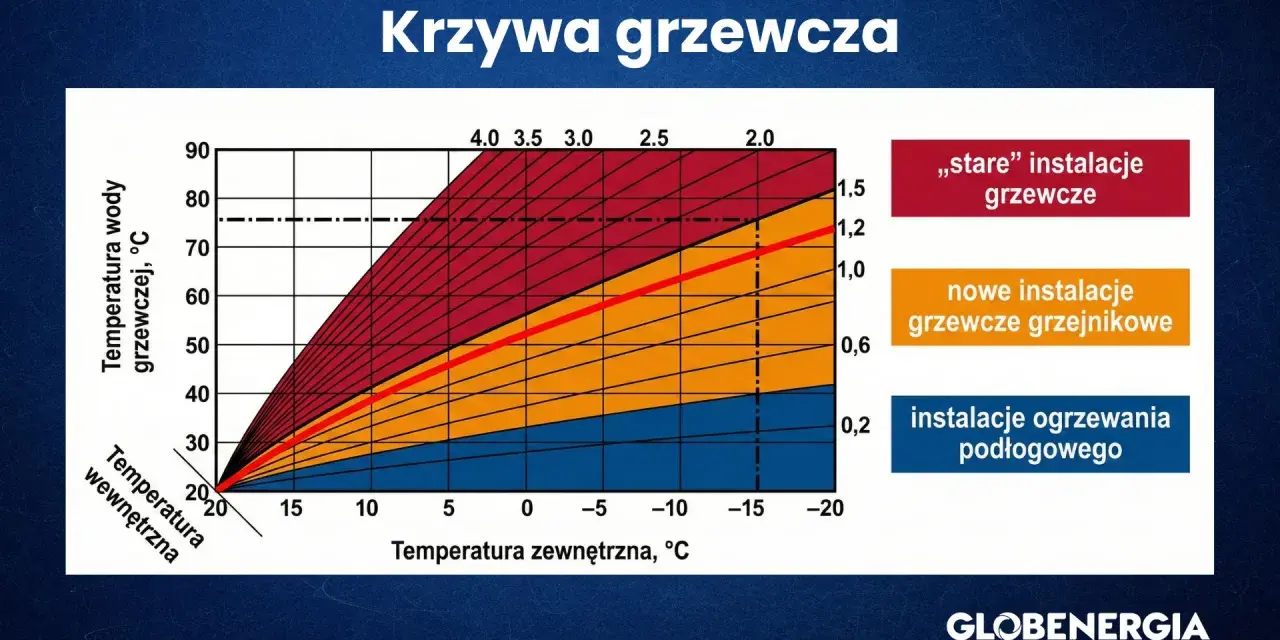 Krzywa grzewcza pompy ciepła pokazuje zależność temperatury wody grzewczej od temperatury zewnętrznej dla różnych typów instalacji.