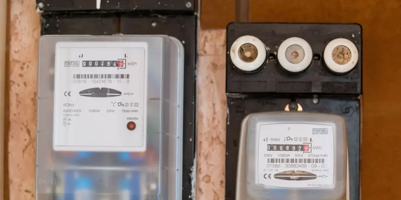 Dwa liczniki energii elektrycznej, jeden z nich wskazuje zużycie zgodne z taryfą c12a.