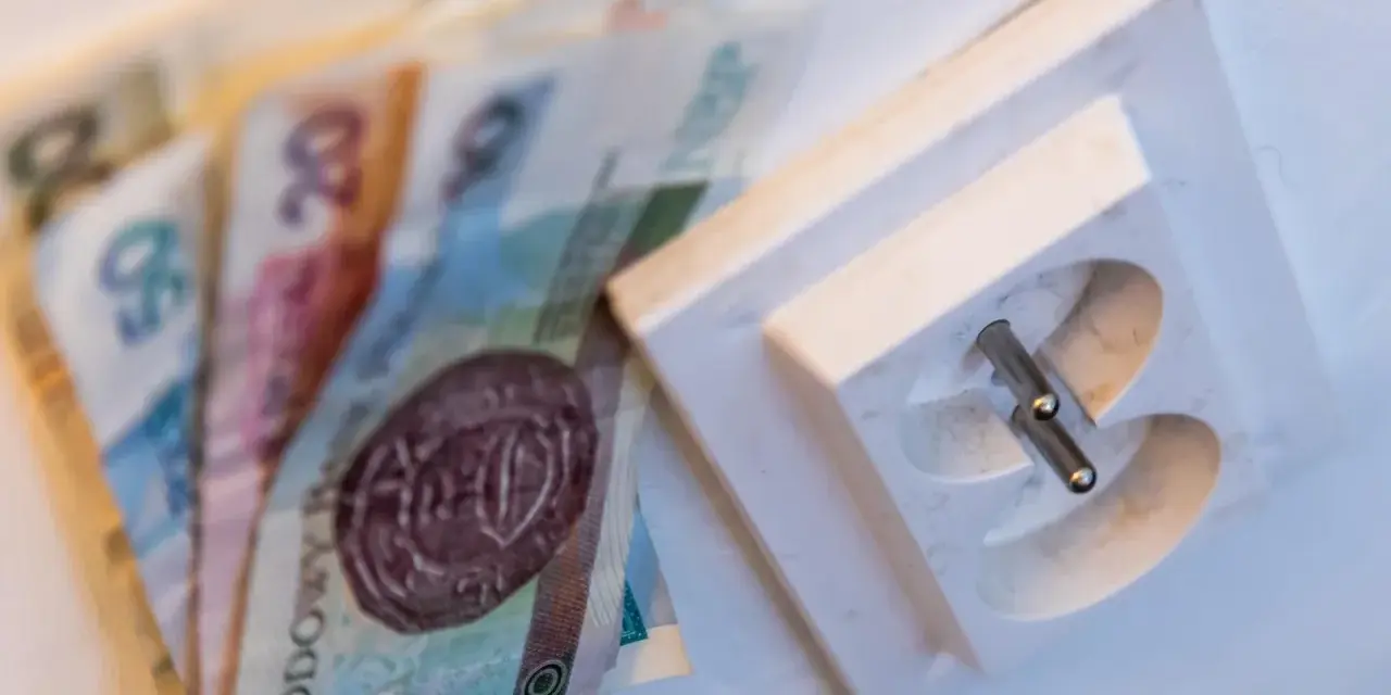 Polskie banknoty leżą obok gniazdka elektrycznego. Czy to symbolizuje rachunki za prąd? Billing co to?