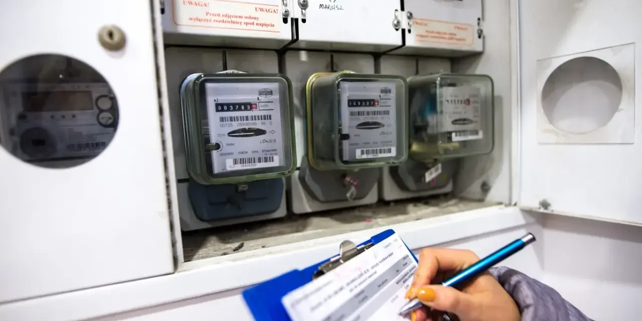 Kontrola liczników energii elektrycznej. Ręka z długopisem zapisuje dane na kartce, obok widoczne liczniki i bezpieczniki.