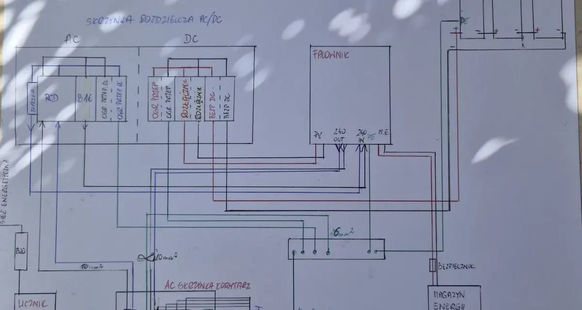 Schemat instalacji fotowoltaicznej 3 fazowej: panele PV, falownik, magazyn energii, skrzynka rozdzielcza AC/DC, licznik.