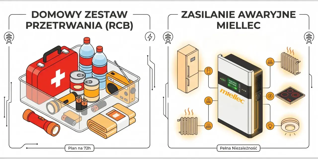 Zestaw przetrwania na wypadek blackout w Polsce: apteczka, woda, jedzenie, radio, latarki. Zasilanie awaryjne Miellec zapewnia prąd do lodówki, ogrzewania, kuchenki i oświetlenia.