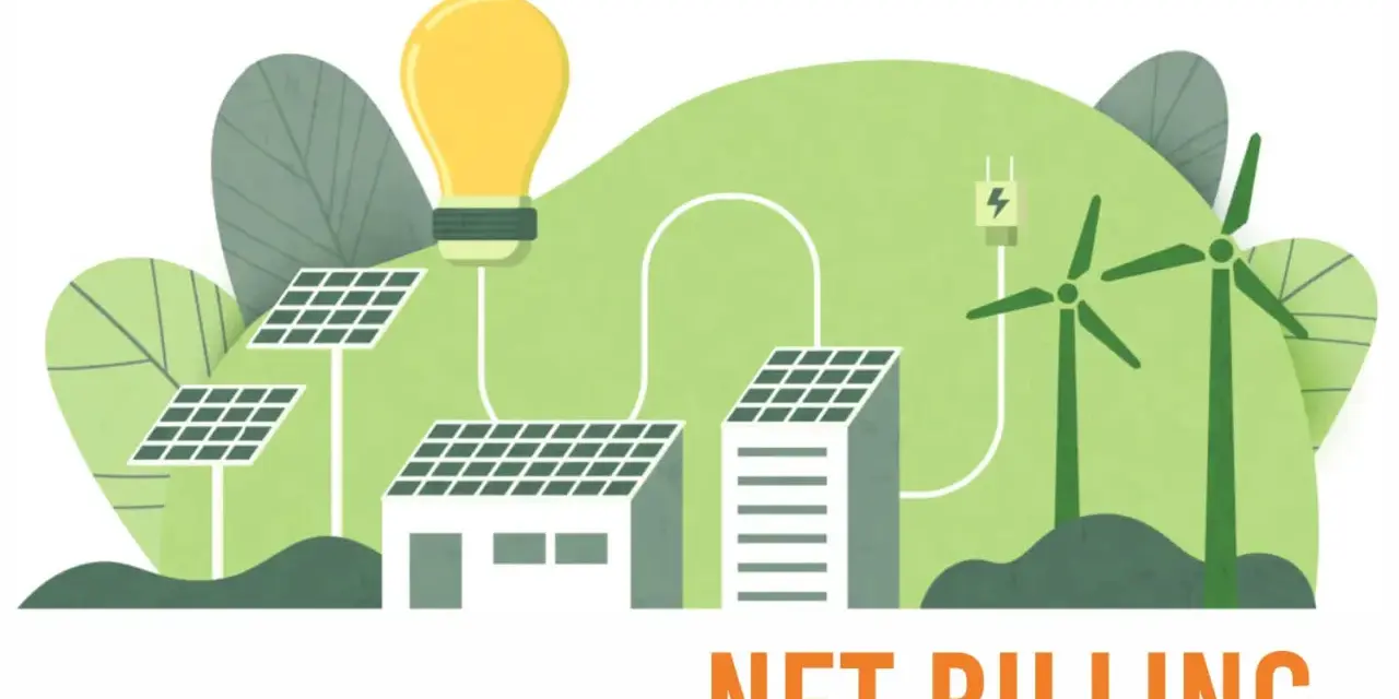 Grafika pokazuje panele słoneczne, turbiny wiatrowe i żarówkę, symbolizujące odnawialne źródła energii. Podpis "NET BILLING" sugeruje analizę opłacalności tego systemu.