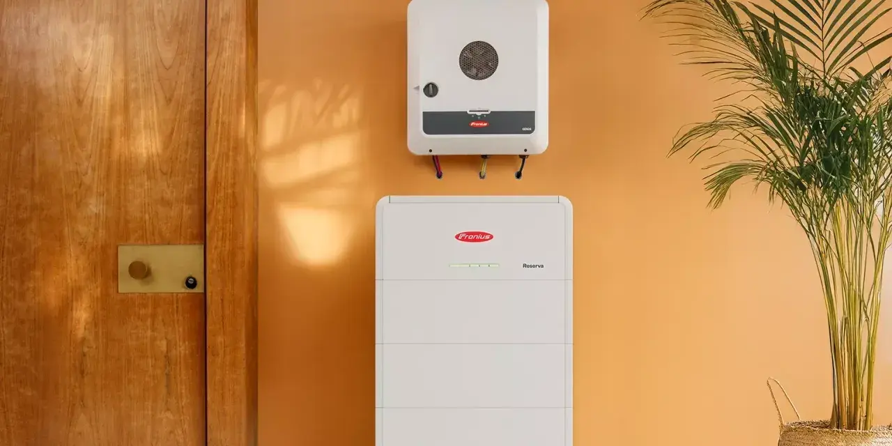 System magazynowania energii Fronius Symo GEN24 i akumulator Reserva na pomarańczowej ścianie, obok drewnianych drzwi i rośliny.