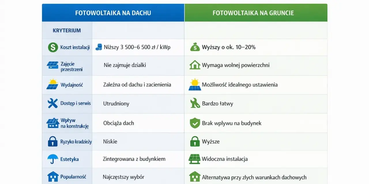 Porównanie fotowoltaiki na dachu i na gruncie. Ubezpieczenie fotowoltaiki na gruncie może być wyższe, ale oferuje idealne ustawienie paneli.