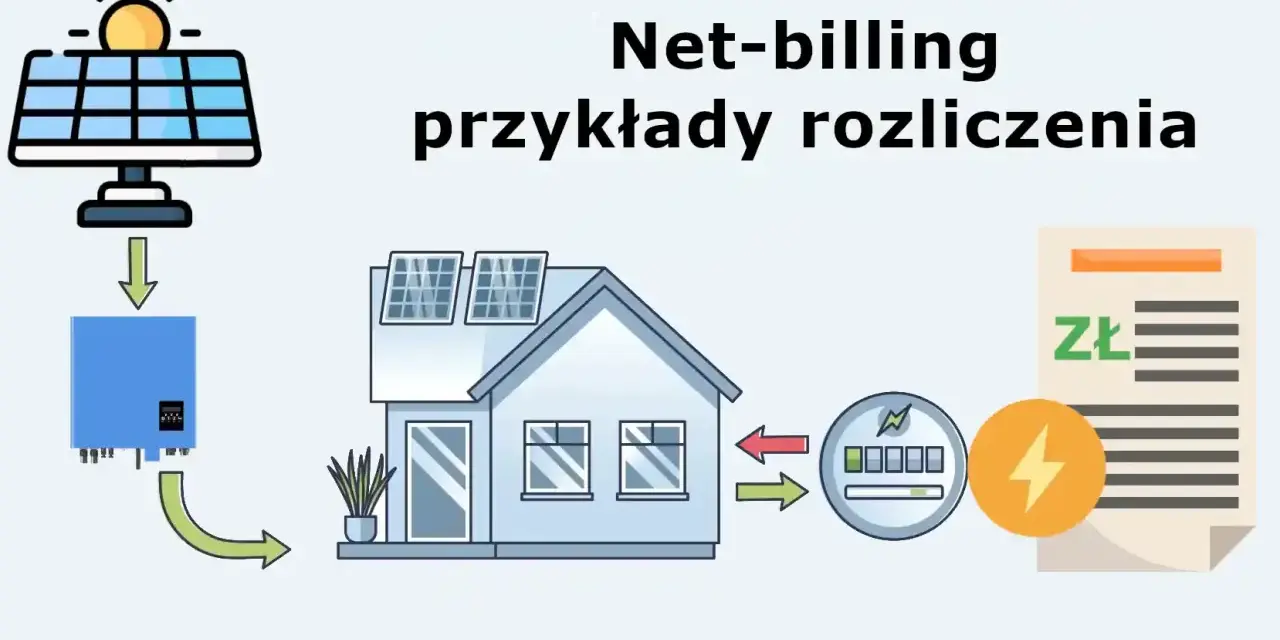 Schemat ilustruje bilansowanie energii z fotowoltaiki w systemie net-billing. Słońce zasila panele, falownik przetwarza prąd, a dom zużywa lub oddaje nadwyżki.