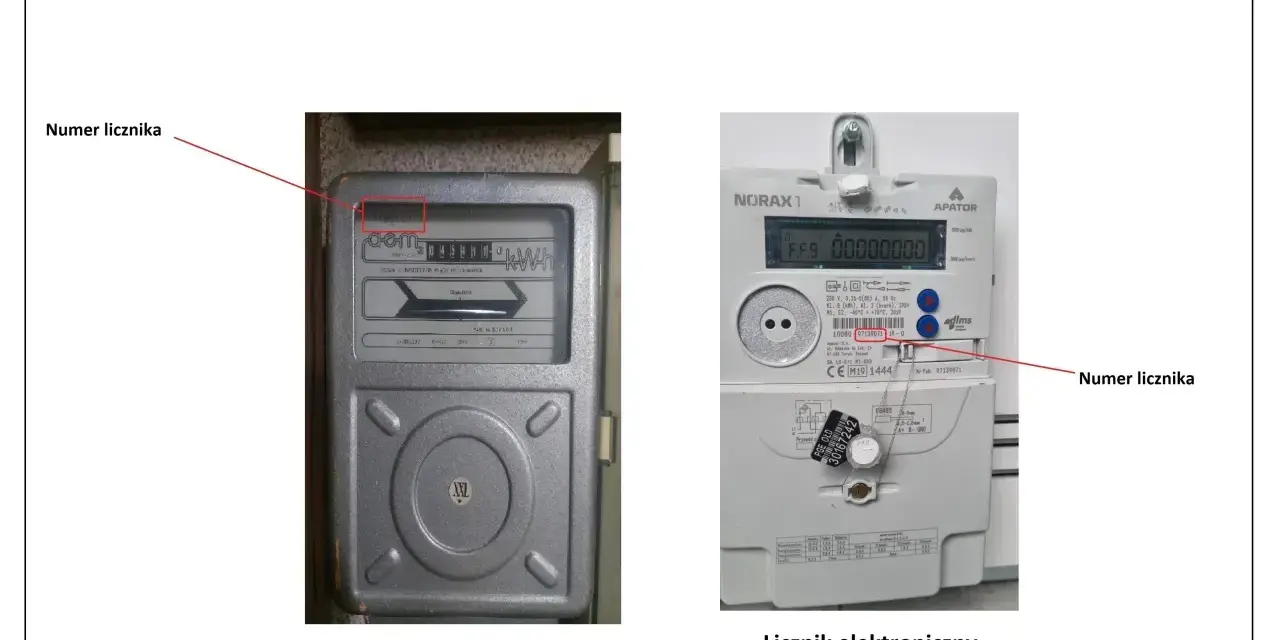 Na zdjęciu pokazano, jak odczytać licznik prądu. Widoczne są dwa typy liczników: indukcyjny i elektroniczny, z zaznaczonym numerem licznika.