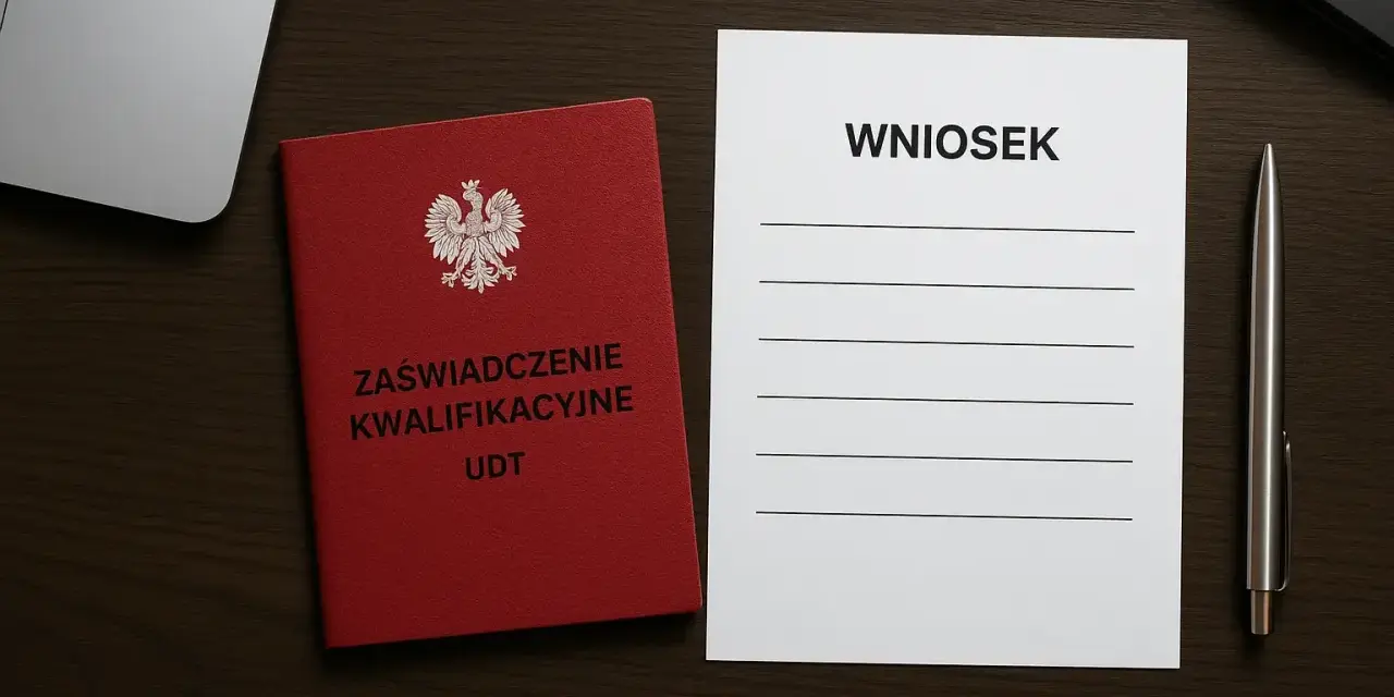 Czerwona książeczka z orłem i napisem "Zaświadczenie Kwalifikacyjne UDT" obok formularza "Wniosek" i długopisu. Przygotowanie do przedłużenia uprawnień UDT.