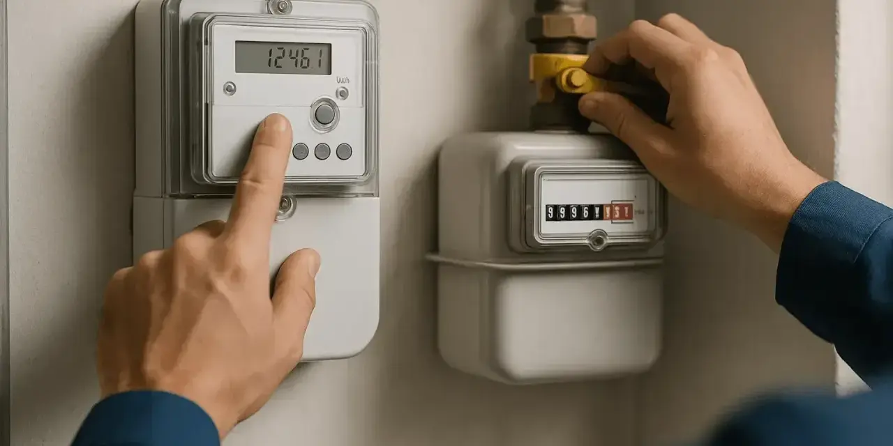 Ręka naciska przycisk licznika energii elektrycznej, obok licznik gazu. Sprawdzanie zużycia zgodnie z taryfą w3.6.