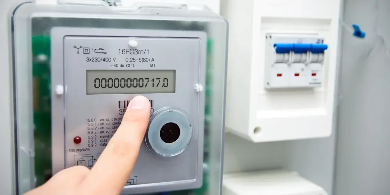 Palec wskazuje na cyfrowy licznik energii elektrycznej, pokazujący odczyt 00000000717.0. Widoczne są symbole na liczniku energii elektrycznej.