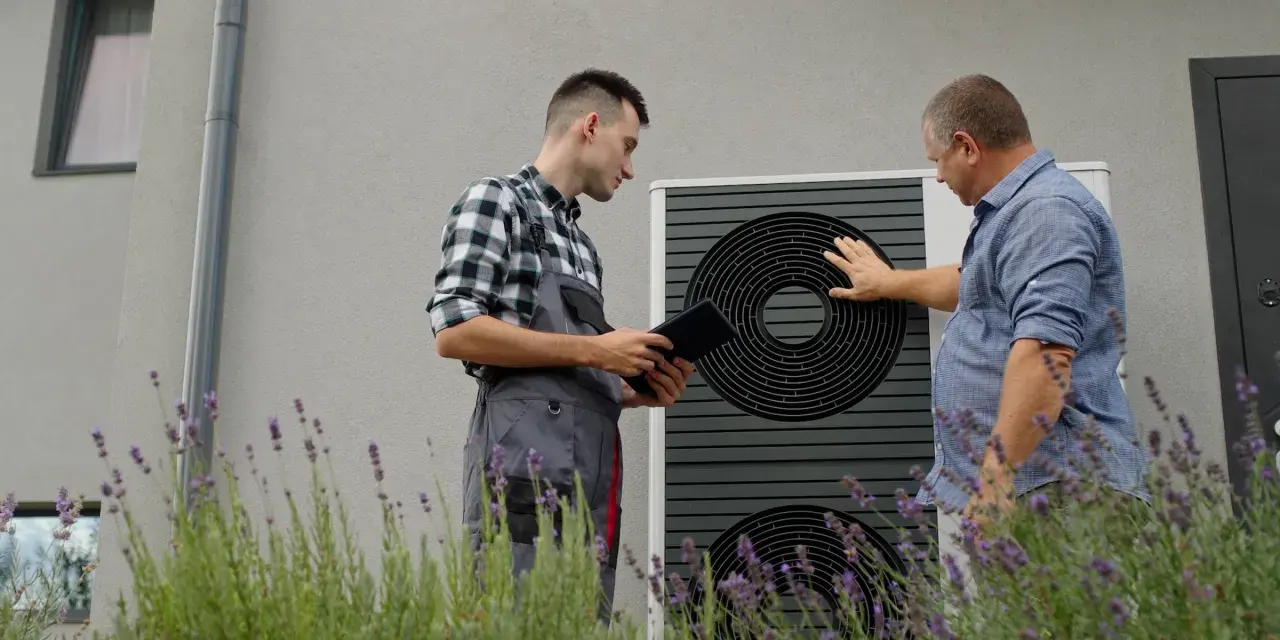 Technik z tabletem i klient przy pompie ciepła. Rozmawiają o ekonomicznym ustawieniu pompy ciepła, by zapewnić optymalne ogrzewanie domu.