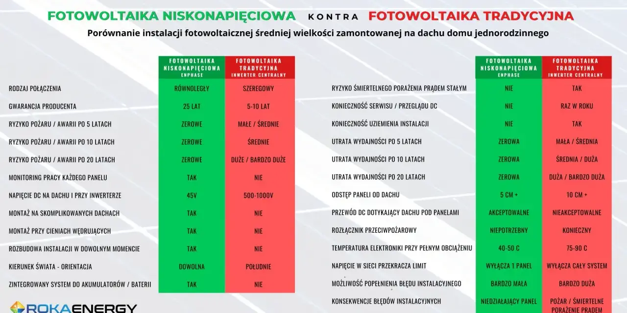 Porównanie fotowoltaiki niskonapięciowej i tradycyjnej. Niskie ryzyko pożaru, zerowa utrata wydajności i bezpieczeństwo to kluczowe zalety fotowoltaiki niskonapięciowej.