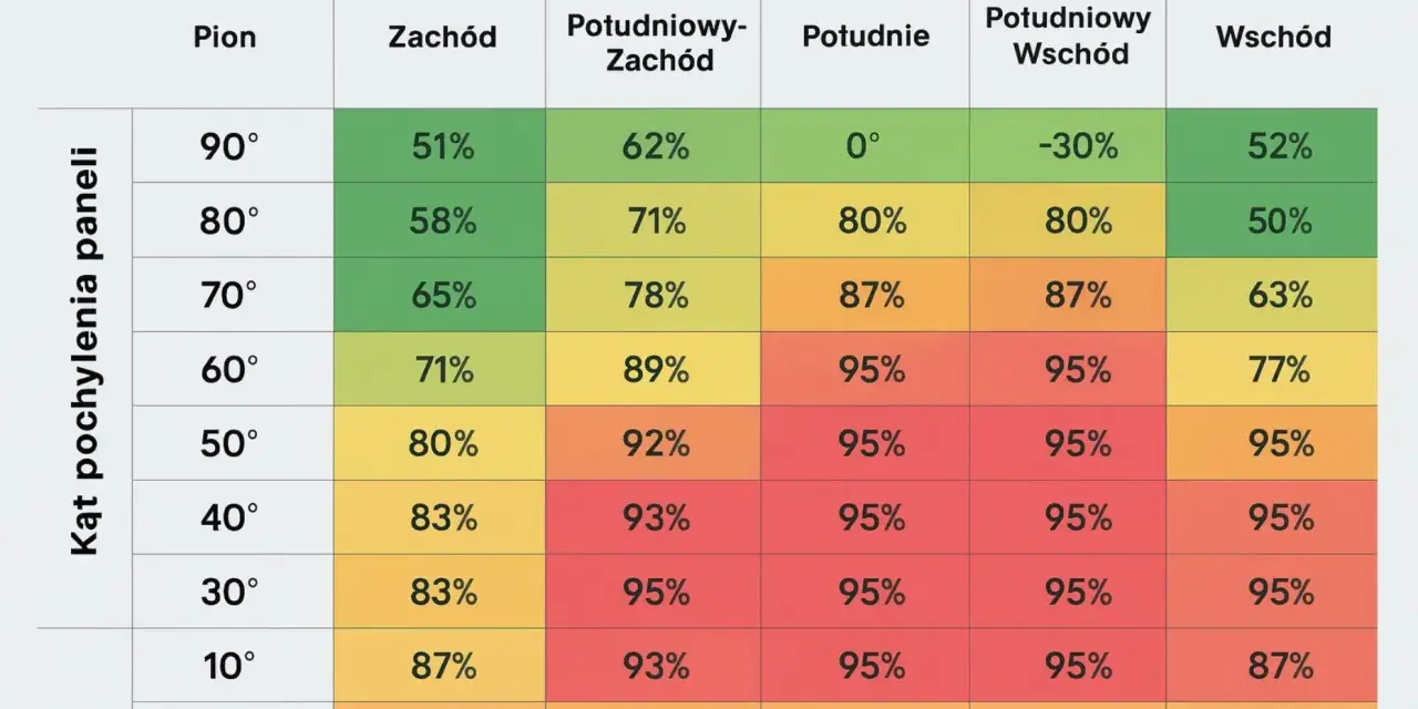 Tabela pokazuje optymalny azymut paneli fotowoltaicznych dla różnych kątów pochylenia, aby uzyskać maksymalną wydajność.