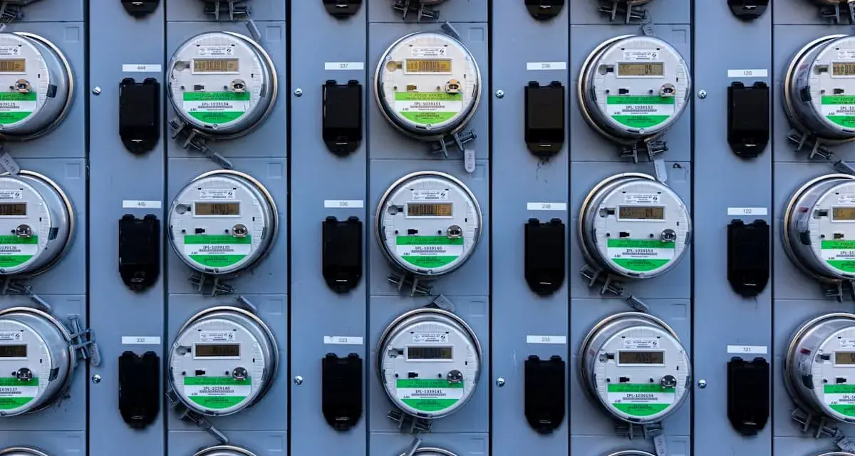 Rząd liczników energii elektrycznej, zgodnych z dyrektywą MID, z cyfrowymi wyświetlaczami i zielonymi etykietami.