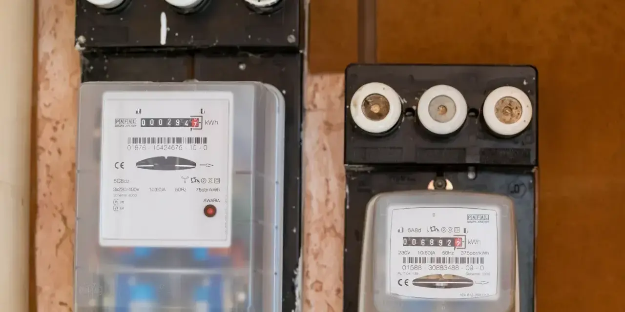 Dwa liczniki energii elektrycznej, jeden z nich pokazuje zużycie zgodne z taryfą G12w PGE, uwzględniającą zmiany czasowe.