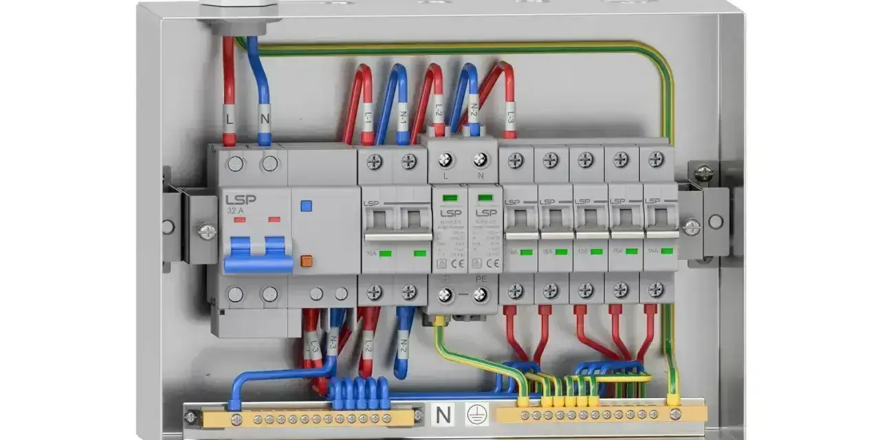 Skrzynka elektryczna do pompy ciepła z wyłącznikiem głównym i zabezpieczeniami.