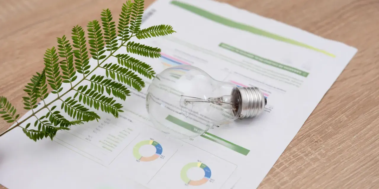 Gałązka zieleni i żarówka na papierze z wykresami, sugerujące analizę kosztów energii, np. eon taryfa c11.