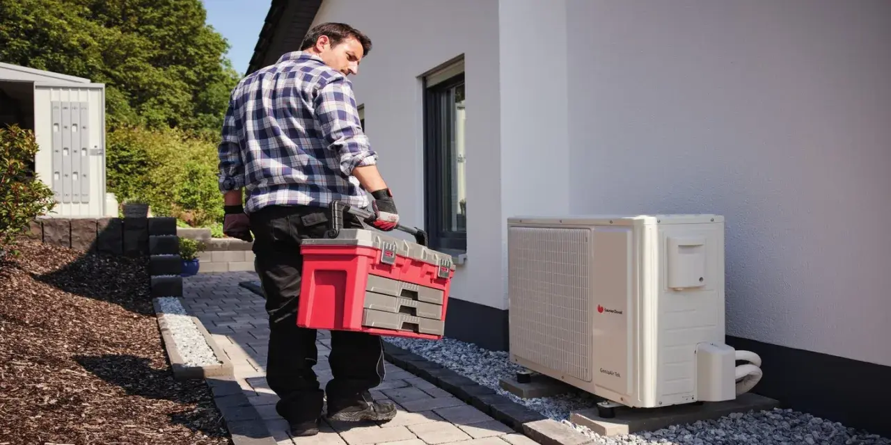 Technik z walizką narzędziową przy pompie ciepła. Może sprawdzać kody błędów urządzenia.
