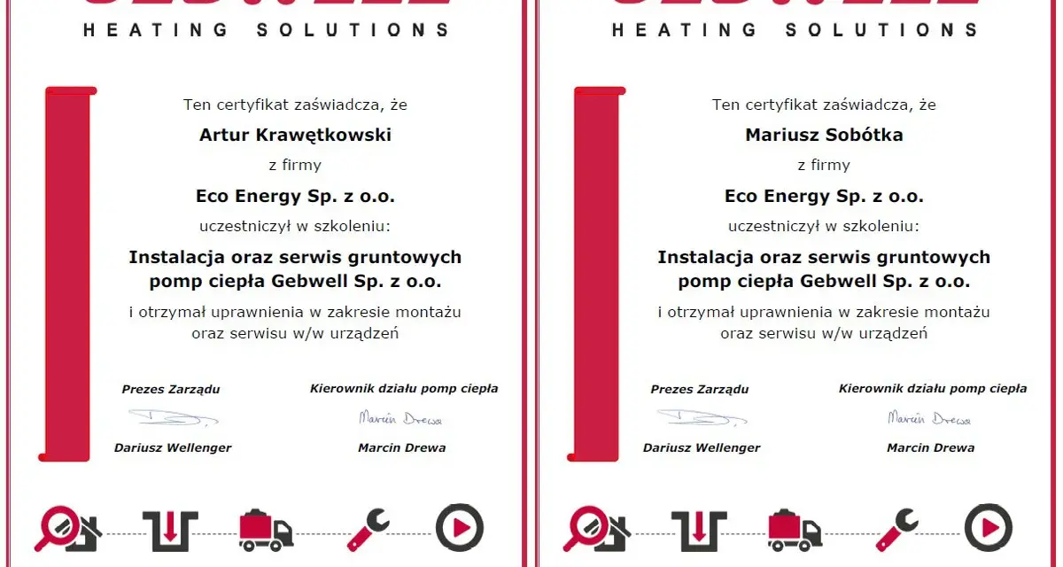 Certyfikat pompy ciepła dla Artura Krawętkowskiego i Mariusza Sobótki z firmy Eco Energy Sp. z o.o. potwierdzający uprawnienia do montażu i serwisu.