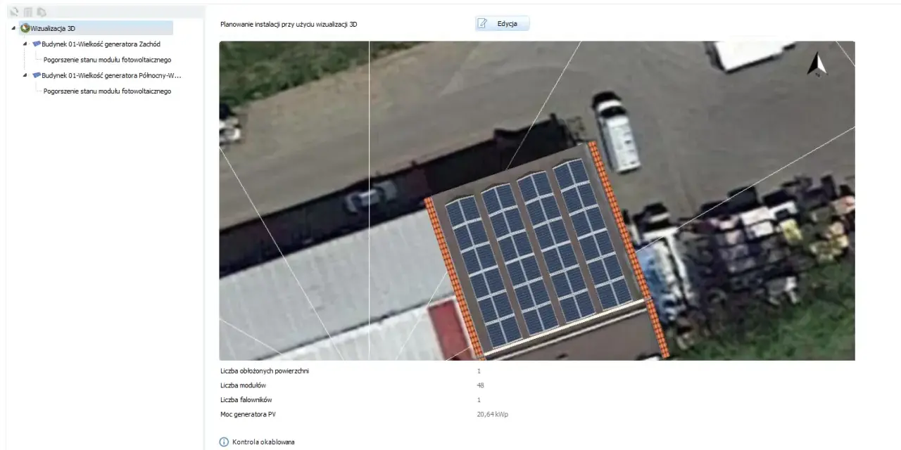 Projekt instalacji fotowoltaicznej na dachu budynku. Widoczne panele PV, dane techniczne: 48 modułów, moc 20,64 kWp.
