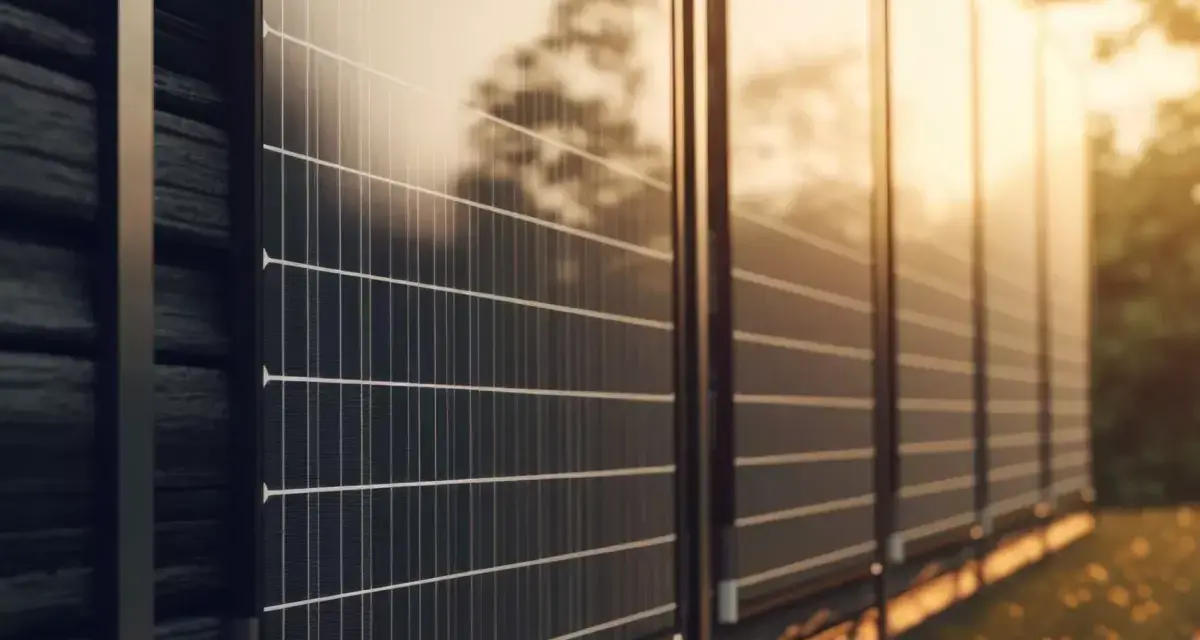 Nowoczesny płot z paneli fotowoltaicznych odbija ciepłe światło zachodzącego słońca, tworząc zieloną energię.