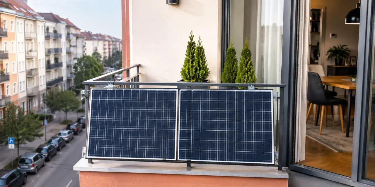 Mini elektrownia słoneczna na balkonie, z widokiem na ulicę i kamienice. Dwa panele fotowoltaiczne łapią promienie słońca.
