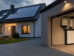 Nowoczesny dom z panelami fotowoltaicznymi na dachu i systemem magazynowania energii w garażu. Dobre firmy fotowoltaiczne zapewniają takie rozwiązania.