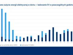 Wykres pokazuje duże zużycie prądu w domu, zwłaszcza wieczorem, gdy ładuje się EV.