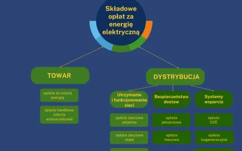 Schemat składkowych opłat za energię elektryczną: Towar (opłata za zużytą energię, opłata handlowa) i Dystrybucja (utrzymanie sieci, bezpieczeństwo dostaw, systemy wsparcia), w tym opłata sieciowa stała.