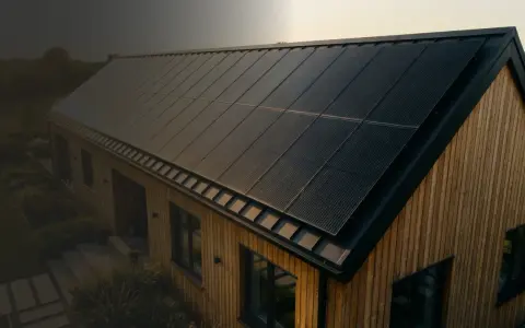 Nowoczesny dom z drewnianą elewacją i panele fotowoltaiczne na dachu. To wizualizacja produkcji energii z fotowoltaiki w poszczególnych miesiącach.