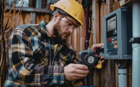 Technik w kasku i okularach ochronnych, z narzędziem en50549-pl, pracuje przy panelu sterowania na drewnianej ścianie.