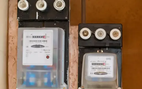 Dwa liczniki energii elektrycznej, jeden większy z czerwonym wskaźnikiem awarii, drugi mniejszy.