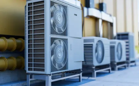 Rząd nowoczesnych jednostek zewnętrznych, w tym potężna pompa ciepła 60 kW, gotowych do zapewnienia wydajnego ogrzewania i chłodzenia.