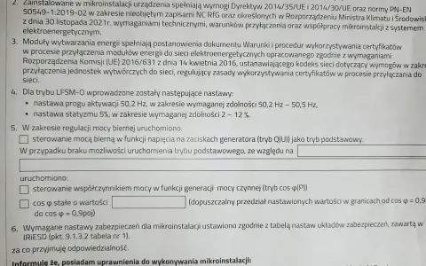 Dokumentacja techniczna mikroinstalacji Tauron, zawierająca wymogi dotyczące przyłączenia do sieci i nastaw zabezpieczeń.