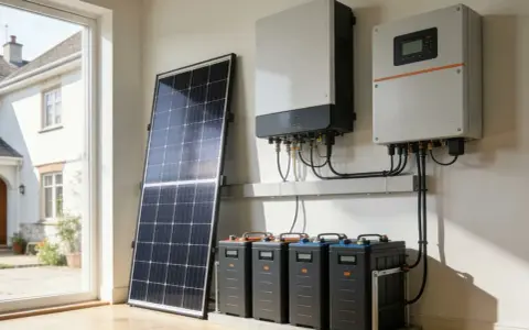 System magazynowania energii z panelem n type, trzema akumulatorami i dwoma inwerterami.
