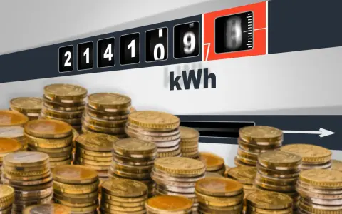 Liczniki energii pokazują zużycie kWh, a stosy monet symbolizują opłatę handlową Energa G11.