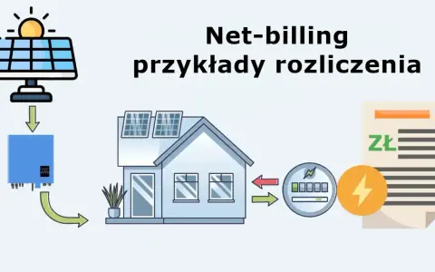 Schemat ilustruje bilansowanie energii z fotowoltaiki w systemie net-billing. Słońce zasila panele, falownik przetwarza prąd, a dom zużywa lub oddaje nadwyżki.