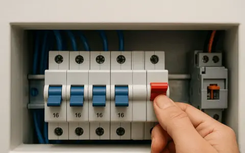 Dłoń naciska czerwony wyłącznik w skrzynce z bezpiecznikami. Zastanawiasz się, dlaczego wywala korki?