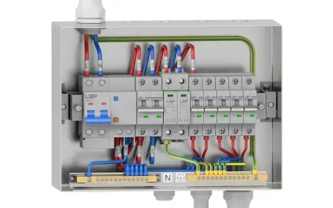 Skrzynka elektryczna do pompy ciepła z wyłącznikiem głównym i zabezpieczeniami.