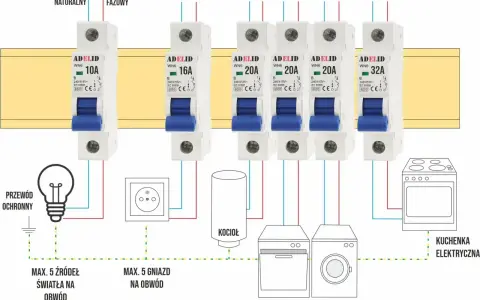 Schemat instalacji elektrycznej z wyłącznikami nadprądowymi. Tabela pokazuje prąd zadziałania bezpiecznika dla różnych obwodów: oświetlenia, gniazd, kotła, zmywarki, pralki i kuchenki.