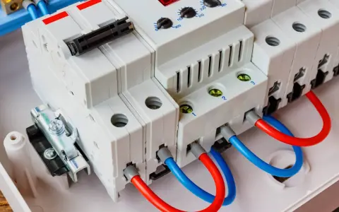 Nowoczesny ogranicznik przepięć AC z czerwonymi i niebieskimi przewodami, gotowy do ochrony instalacji elektrycznej.