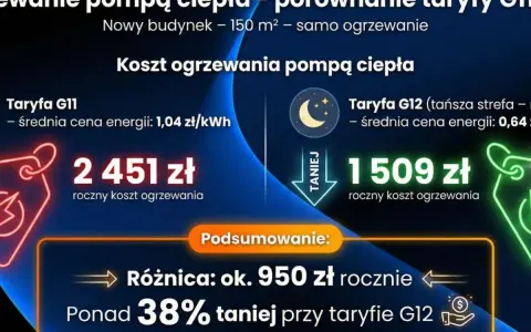 Porównanie kosztów ogrzewania pompą ciepła: 2451 zł (taryfa G11) vs 1509 zł (taryfa G12). Oszczędność 950 zł rocznie, ponad 38% taniej przy taryfie G12.